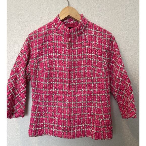 Doncaster Collection Hot Pink Tweed Black & White Weave Blazer Jacket Size 2 - Picture 1 of 11